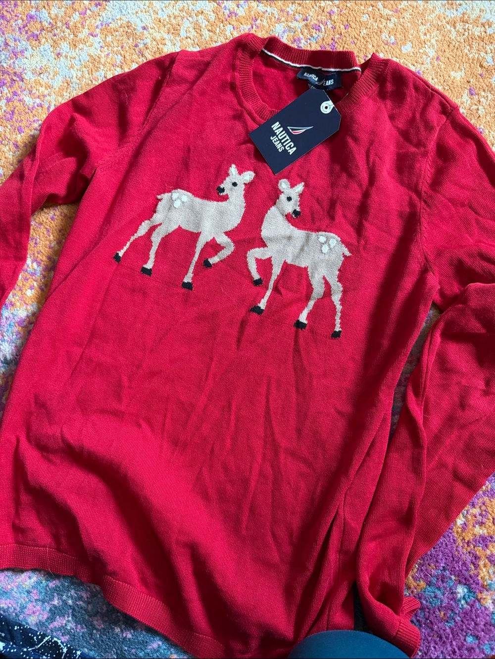 Nautica Kids Red Sweater with Cream Deer Motif XS